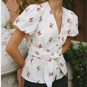 Anthropologie White Floral Top with Red Accents
